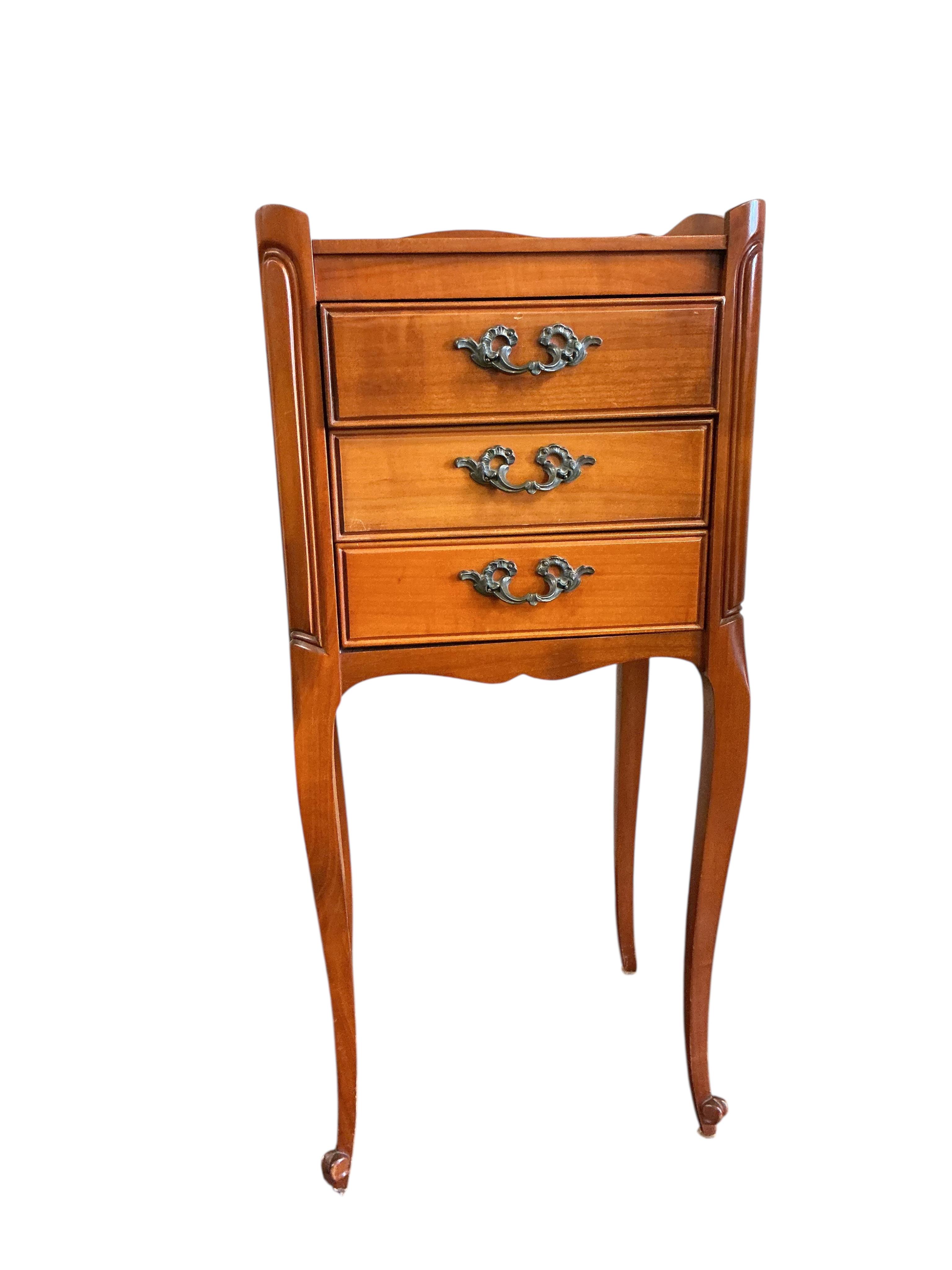 A pair of French cherry bedside chests, width 32cm, depth 27cm, height 69cm